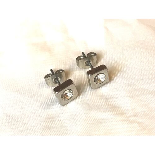 Boucles Oreilles Mini Petit Carré Pierre Strass Blanc Centre Bijoux Argentés Fantaisies Femmes