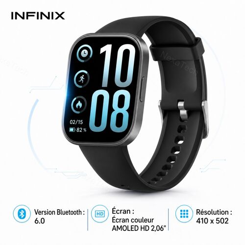 Infinix XW5P - Montre connectée AMOLED 2,06 po, 14 jours, IP68/5 ATM - noir