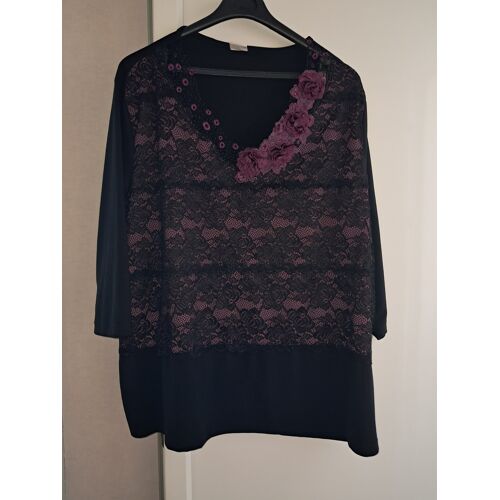 Tunique Taille 56 Noir Fleur Relief Prune