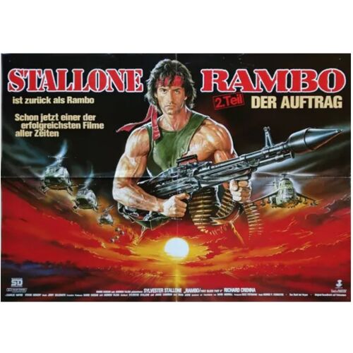 Rambo 2 (Der Auftrag /La Mission) - Véritable Affiche De Cinéma Allemande Pliée - Format 84x59,5 Cm - De George Pan Cosmatos Avec Sylvester Stallone, Richard Crenna, Charles Napier - 1985