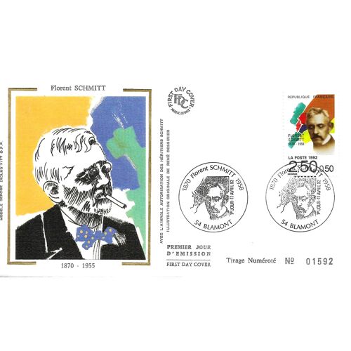 France 1992, Très Belle Enveloppe 1er Jour Hommage À Florent Schmitt, Compositeur Français, Timbre Yvert 2749, Cachet De Blamont - 54, Tbe