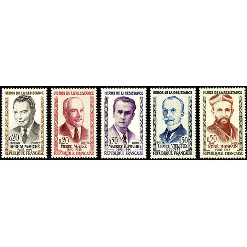 France 1960 - Très Belle Série Complète Héros De La Résistance, Timbres Neufs** Luxe Yvert 1248 Debeaumarché, 1249 Masse, 1250 Ripoche, 1251 Vieljeux, 1252 Bonpain, Cote 16 Euros.