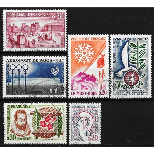 France 1961, Beaux Timbres Yvert 1282 Marianne De Cocteau 1283 Aéroport D'Orly 1286 Jean Nicot, 1292 Anciens Combattants 1294 100 Ans De Deauville, 1306 Téléphérique Du Puy De Sancy , Oblitérés, Tbe.
