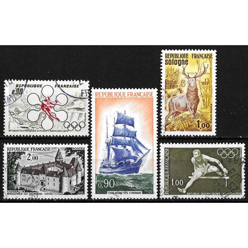 France 1972, Beaux Timbres Yvert 1705 J.O. De Sapporo, 1717 Voilier Côte D'émeraude, 1722 J.O. De Munich, 1725 Tourisme, La Sologne Et 1726 Chateau De Bazoches Du Morvand, Oblitérés Tbe