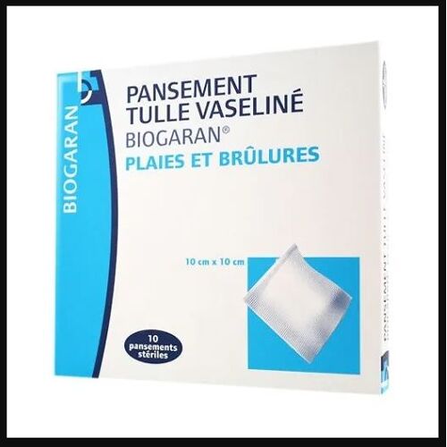 Biogaran - Boîte De 10 Pansements Stériles - Vaselinés - Tulle - Plaies Et Brûlures - 10 X 10 Cm
