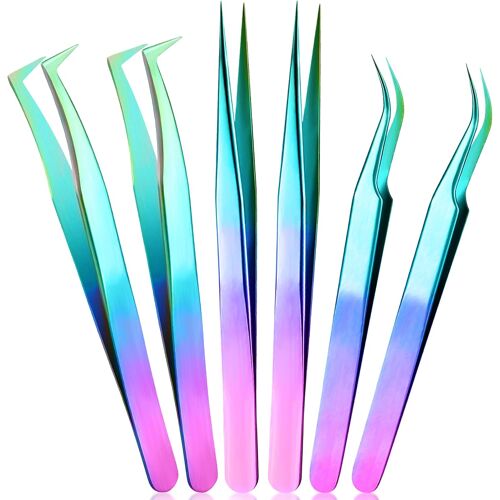 Kalanka-Abc1234 6 Pièces Pince À Épiler Extensions De Cils, Droite En Acier Inoxydable Incurvée Cils Volume Individuel Brucelles D'isolement (Arc-En-Ciel) 