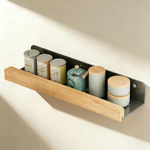 KALANKA-Etagere Murale Noir, Étagère Murale Cuisine avec Crochet Magnétique, Bathroom Shelf avec Garde-Corps de 3 cm, Vis et Tube D'expansion Inclus, pour La Salle de Bain, La Cuisine, Le Bureau