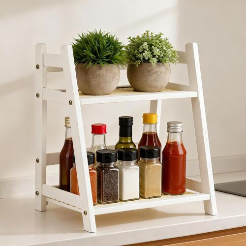 Kalanka-Organisateur De Cuisine À 2 Niveaux En Bambou 26 X 18 X 29.5cm, Etagere Cafe Blanc Crème Aménagement Coin Cafe, Rangement Tasse, Tagère De Cuisine Sur Deux Niveaux Debout, Pour Bureau À Domic