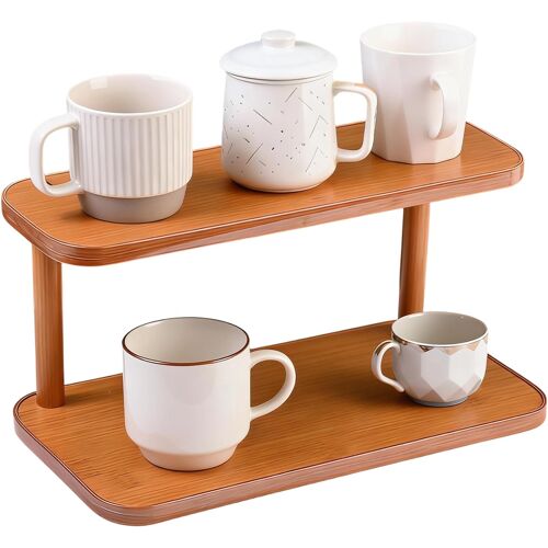 Kalanka-Porte Tasse Étagère De Bureau, Étagère À Deux Niveaux Pour Tasses Et Service À Thé, Organisateur Plan De Travail Cuisine Pour Épices Et Rangement, 30 X 14 X 14.5 Cm, Brun