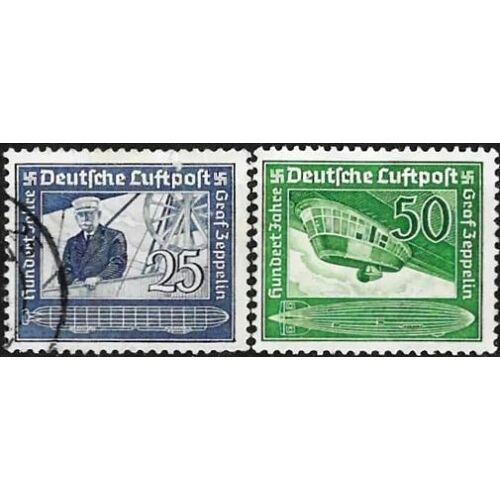 Allemagne, 3ème Reich 1938, Centenaire De La Naissance Du Comte Von Zeppelin, Beaux Timbres De Poste Aérienne Yvert 57 Le Comte Zeppelin Et 58 Nacelle D'un Dirigeable "Moderne", Oblitérés, Tbe
