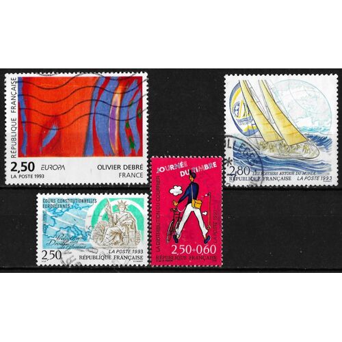 France 1973, Beaux Timbres Yvert 2789 Les Postiers Dans La "Whitbead", 2792 Journée Du Timbre, Facteur Et Son Vélo Et 2797 Europa, Oeuvre D'oliver Debré, 2808 Cours Européennes, Oblitérés Tbe.