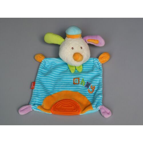 Doudou chien plat Babysun Ahoy bleu orange vert dentition