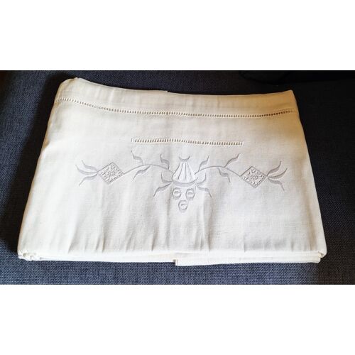 Drap De Lit Ancien Écru Avec Broderie Et Jours 3.00mx2.15m État Neuf
