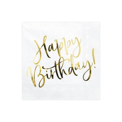 20 SERVIETTES PAPIER HAPPY BIRTHDAY OR 33CM BLANC