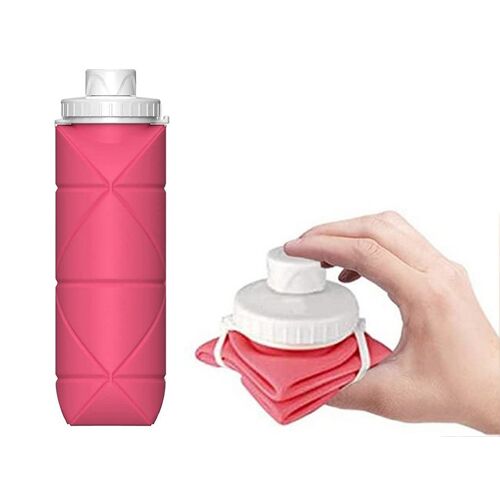 Bouteille D'eau Pliable En Silicone Rose De 600 Ml, Étanche, Idéale Pour Les Voyages.