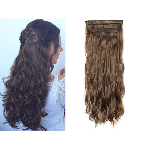 Ensemble De 4 Extensions De Cheveux Ondulés Châtain Clair À Clips Pour Femmes 