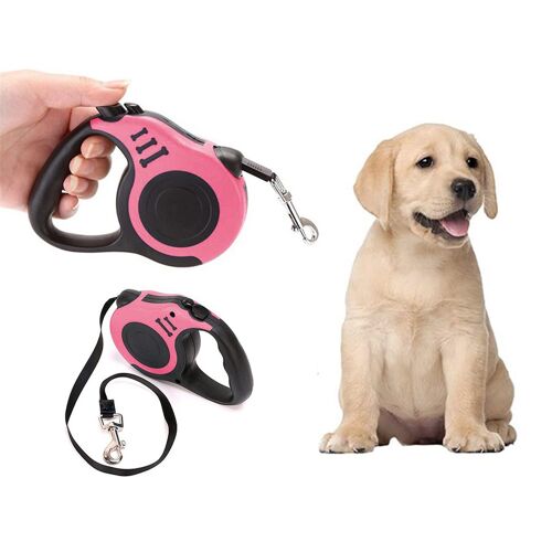 Laisse Rétractable Pour Chien De 5 M Avec Gamelle Et Distributeur De Sacs À Déjections Roses