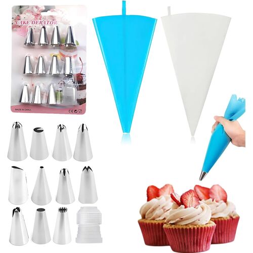 Kalanka-14 Pcs Douille Patisserie Professionnelle En Inox Avec 2 Poche A Douille Réutilisable 14 Pouces Bleu Et Blanc Kit De Décoration Pour Gâteaux Cupcakes Et Biscuits