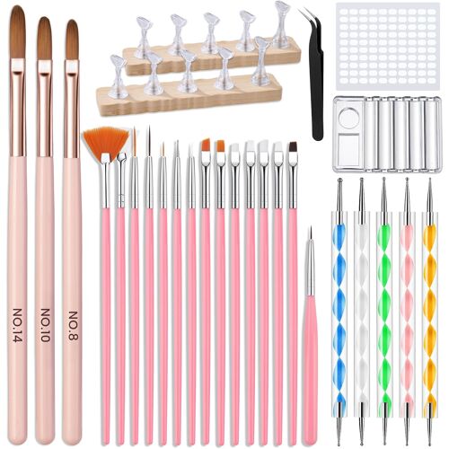 Kalanka-Lot De Pinceaux Nail Art: 39 Pièces Pinceau Ongle Nail Art Acrylique Outils Avec Support Pour Vernis À Ongles Palette 2 En 1 Et 5 Pièces Dotting Tool - Pinceau Gel Uv Construction Liner Ongle 