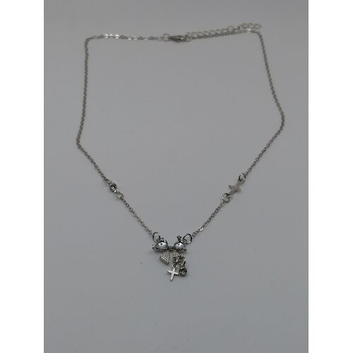 Collier Métal Argenté,Pendentif Noeud Et Etoile,Strass Transparent ,Taille 53cm