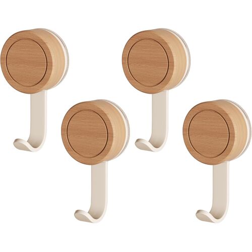 KALANKA-Crochet Ventouse Salle de Bain, 4 Crochet Adhesif Mural en Bois, Réutilisables Crochets Adhesifs Muraux, Crochet Plafond Sans Percer pour Salle de Bain Cuisine (Blanc)