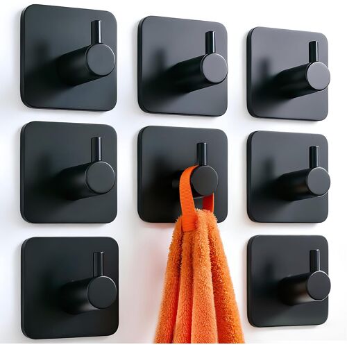 KALANKA-Crochet Adhesif Mural Noir 8 Pièces, Porte Serviette Salle de Bain Sans Percage, Acier Inoxydable Etanche, Porte Manteau Adhésif Extra Fort, Haute Capacité de Portage pour Toilettes, Cuisine,