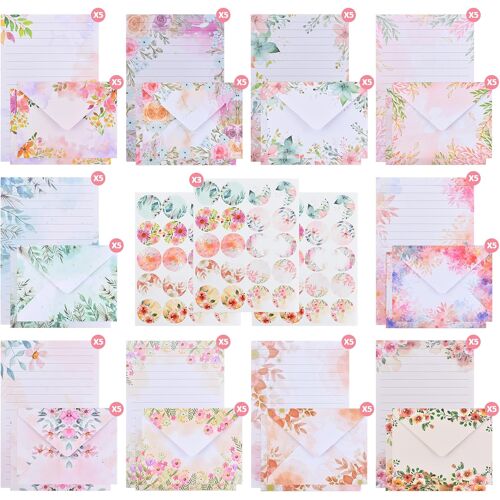 KALANKA-160 Pièces Papier a Lettre avec Enveloppe Elegant, Papier de Correspondance Floral Aquarelle, 50 Papier à Lettre et 50 Enveloppes 60 Autocollants, pour invitations, Cadeaux, V?ux de Vacances