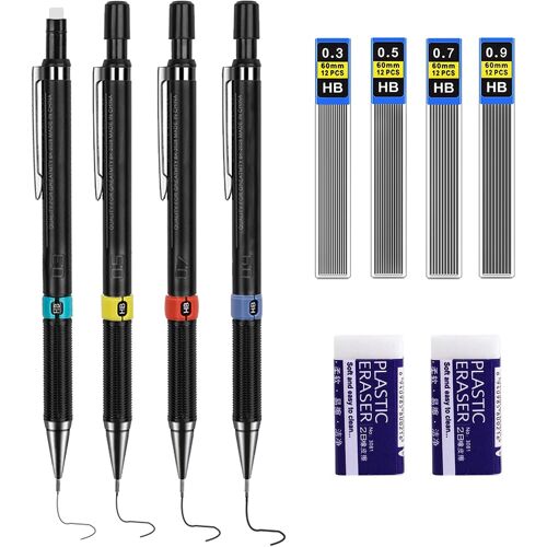 Kalanka-Lot De 4 Porte-Mines Set 0,3/0,5/0,7/0,9 Mm Crayon Mécanique Avec 4 Tubes (48 Pièces) De Recharges Hb Et 2 Pièces De Gomme, Pour Dessin, Esquisse, Illustration, Architecture Et Écriture