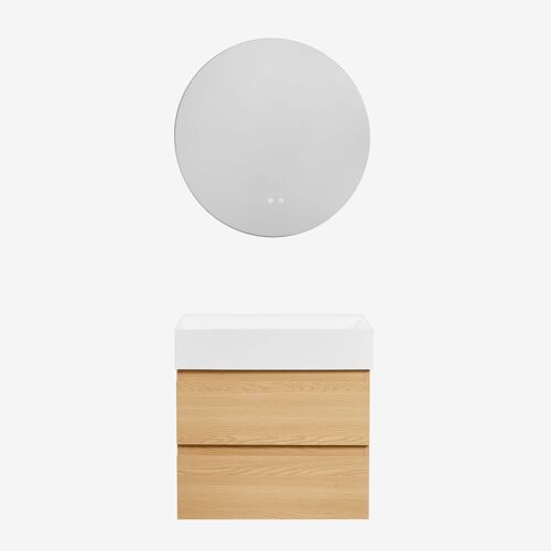 Ensemble de meuble de salle de bain suspendu en bois et placage de frêne avec lavabo intégré Ona