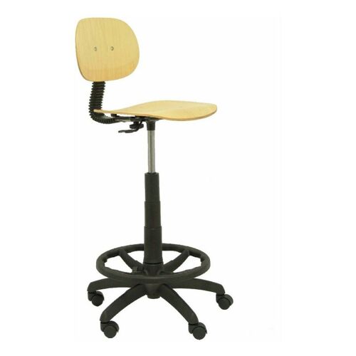 Tabouret de travail ergonomique, pivotant et réglable en hauteur (anneau de repose-pieds chromé) Siège et dossier en hêtre PIQUERAS