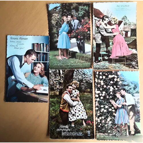 Lot De 5 Cartes Postales Anciennes Couples Années 60 Avec Texte D'amour