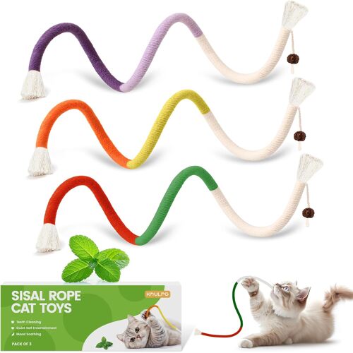 Kalanka-Jouet À Mâcher Naturel À L¿Herbe À Chat ¿ Lot De 3 Cordes (69 Cm Chacune) | Avec Sachet De Catnip Rechargeable | Jouets Interactifs Pour Chats D¿Intérieur Et Chatons | (Rot)