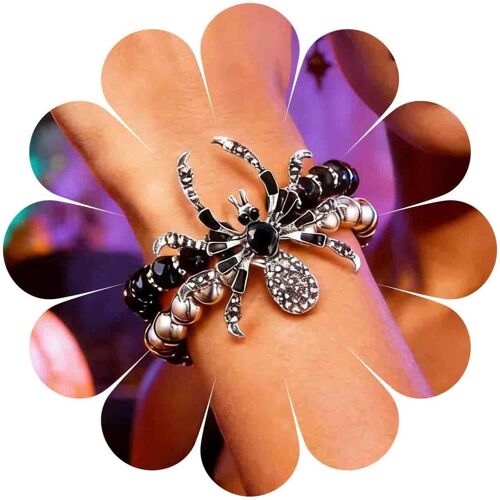 Kalanka-Bracelet Punk Strass Araignée Perles De Cristal Bracelet Boule Diamant Araignée Charms Bracelet Perlé Bracelet Gothique Araignée Insecte Biker Bracelet Halloween Bijoux Pour Femmes Hommes