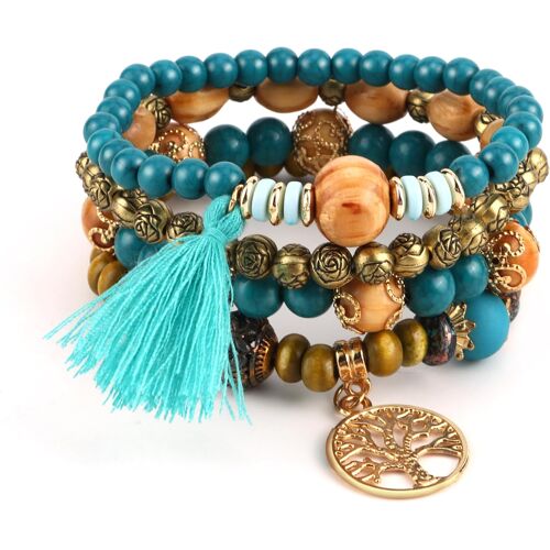 Kalanka-Bracelet Boho En Perles De Bois & Cristal Arbre De Vie Et Paon Bleu Fait Main Pour Femme Bijou Élégant Pour Cadeau, Yoga Et Quotidien