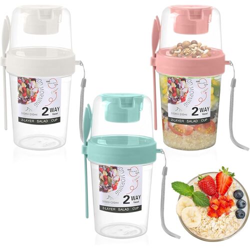 Kalanka-3pcs Gobelets Céréales Yaourt Avec Cuillère & Couvercle, 2 Couches Bocaux Fruits Gobelet Lait Portable, Pot Yaourt Récipient Avoine De Nuit Réutilisables Pour Déplacements, Petit-Déjeuner Emp