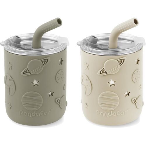Kalanka-Lot De 2 Gobelets Bébé En Acier Inoxydable Avec Couvercles Et Manchons En Silicone | 260 Ml Gobelets Anti-Fuite Avec Paille De Dentition Pour Bébés Et Enfants (Beige & Kaki)