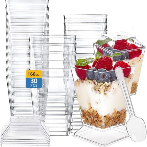 Kalanka-Lot De 30 Verres À Dessert En Plastique 160 Ml ¿ Verres À Dessert Avec Couvercle, Gobelets À Dessert En Plastique Réutilisables, Pour Bricolage, Dessert, Glace, Pudding, Fête, Avec 30 Cuillèr
