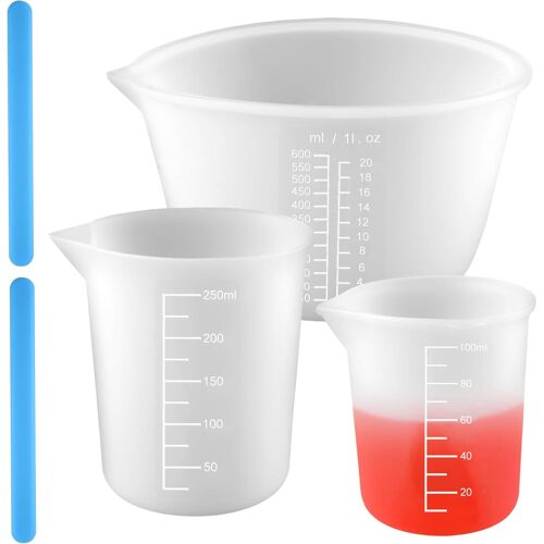 Kalanka-3 Pièces Mesurer En Silicone Avec Gradué,100ml/250ml/600ml Tasse Doseur Silicone,Avec 2 Bâtonnets Mélangeurs, Réutilisable Gobelet Doseur Pour Résine Époxy,Moules Coulée,Bricolage,Laboratoire
