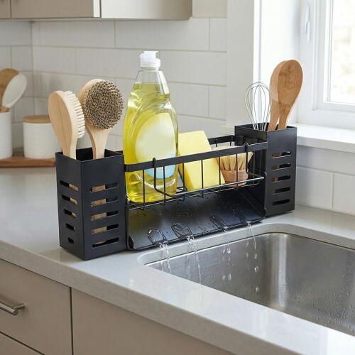 KALANKA-Égouttoir à Vaisselle avec Bac de Vidange Automatique, Égouttoir en Acier Inoxydable, Porte Eponge Evier Cuisine avec Porte-torchons, Organisateur Evier pour Cuisine, Salle de Bain
