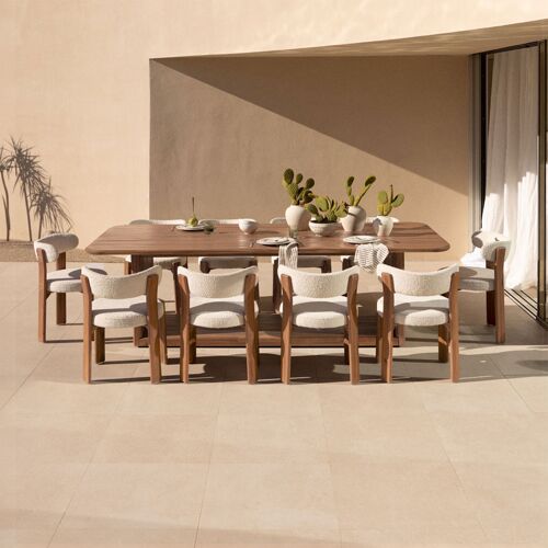 Ensemble De Table Rectangulaire 265x120 Cm En Bois D'acacia Siena Et 10 Chaises De Jardin En Bois D'acacia Et Tissu Bouclé Milos Brun Acacia