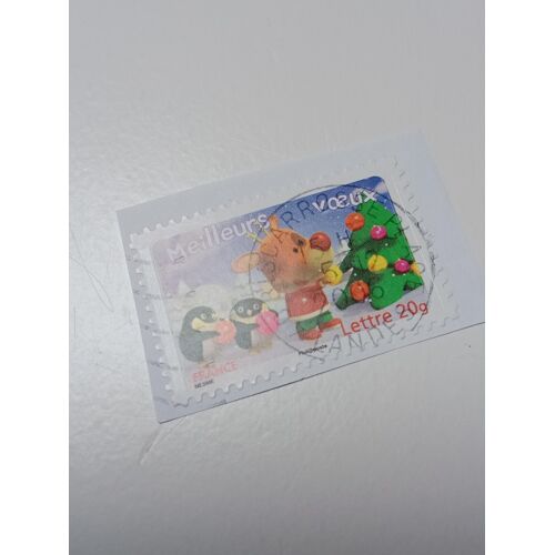 Timbre France Oblitéré Lettre 20g Yvert N° 3988 Meilleurs Voeux Autoadhesif Renne Et Manchots Decorant Un Sapin De 2006 ++