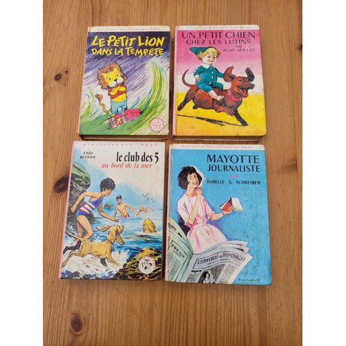 Lot De Cinq Livres De La Bibliothèque Rose : "Le Club Des 5 Au Bord De La Mer – Mayotte Journaliste – Le Petit Lion Dans La Tempête – Un Petit Chien Chez Les Lutins – Le Violon Du Clan Des Sept"