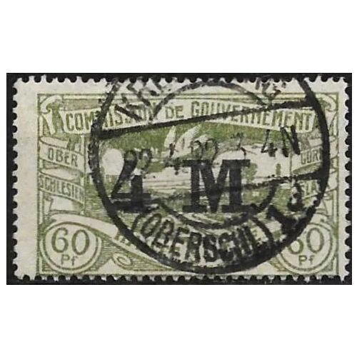 Allemagne, Protectorat Français De Haute Silésie 1920, Beau Timbre Yvert 59, Colombe De La Paix Sur Paysage Minier, 60 Pf Gris Vert Surchargé "4 M", Oblitéré Tbe.