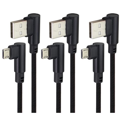 AAOTOKK Câble Micro USB à Angle Droit de 90 Degrés USB 2.0 A Mâle vers 2.0 USB Micro Mâle Haute Vitesse Charge Rapide pour Samsung Galaxy S7 Edge/S7/S6, LG, Power Bank Smartphones, etc. (Noir/3Pièce)