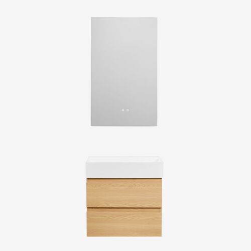 Ensemble de meuble de salle de bain suspendu en bois et placage de frêne avec lavabo intégré Ona