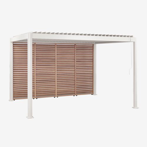 Pergola Bioclimatique En Aluminium Avec Lames Et Panneau Latéral Druvia Gardénia Blanc - Bois De Châtaignier Brun