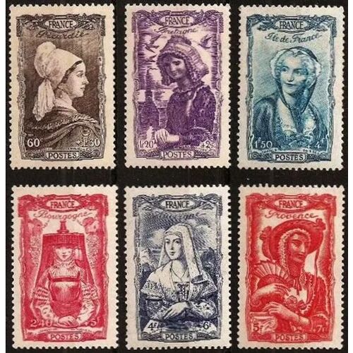 France 1943, Belle Série Complète Timbres Neufs* - Sans Gomme Yvert 593 À 598, Au Profit Du Secours National, Coiffes Régionales, Picardie, Bretagne, Ile De France, Bourgogne, Auvergne, Provence.