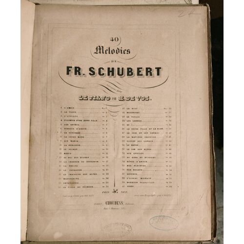Partition Ancienne - 40 Mélodies De Schubert - Transcriptions Pour Piano - H. De Vos - Choudens, Paris (Vers 1850)