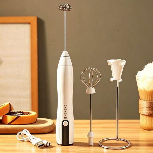 Mousseur à Lait Électrique, réglable 3 vitesses, Amovible, avec inoxydable Support et 2 Tête Spirale, pour Cafés, Crème, ?ufs-Blanc
