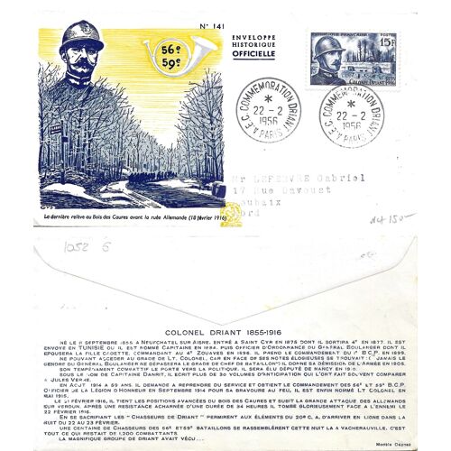 France 1956, Belle Enveloppe 1er Jour N° 141, Timbre Yvert 1052 Colonel Driant, Mort À Verdun À La Tête De Ses Troupes En 1916, Cachet De Paris, Belle Illustration Couleur Relief.